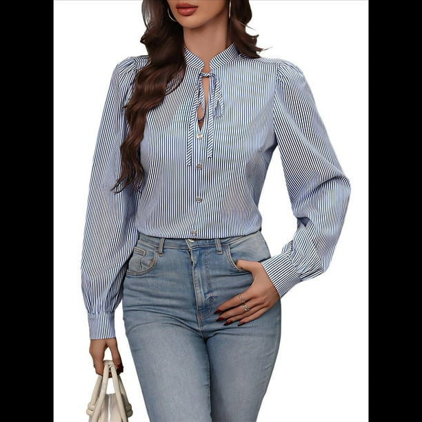 Camisas A Rayas con Botones para Mujer, Blusas Clásicas de Larga y Elegantes para Oficina y Trabajo. Azul Oscuro S