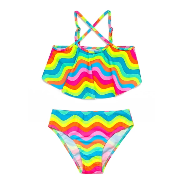 NIPAXO Girls Swimsuit Rainbow Wave Print 2-Piece Bikini Set Flutter Top and Bottom Beach Swimsuit for Girls and Toddlers