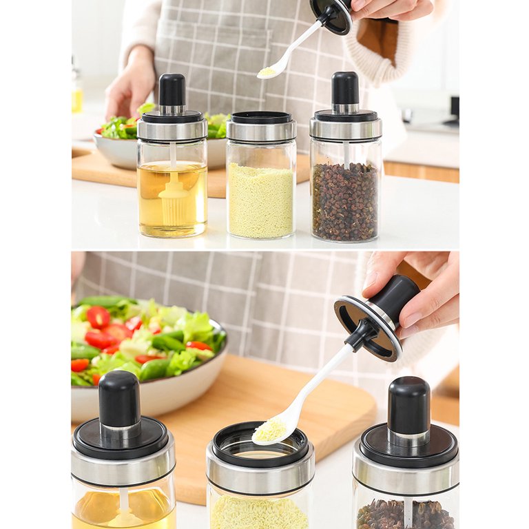 Spice Bottle Set， Glass Seasoning Bottle Salt Oil Storage Box Spice Jar  With Spoon Brush Kitchen-Spice jars-Spice rack organizer for cabinet-Spice