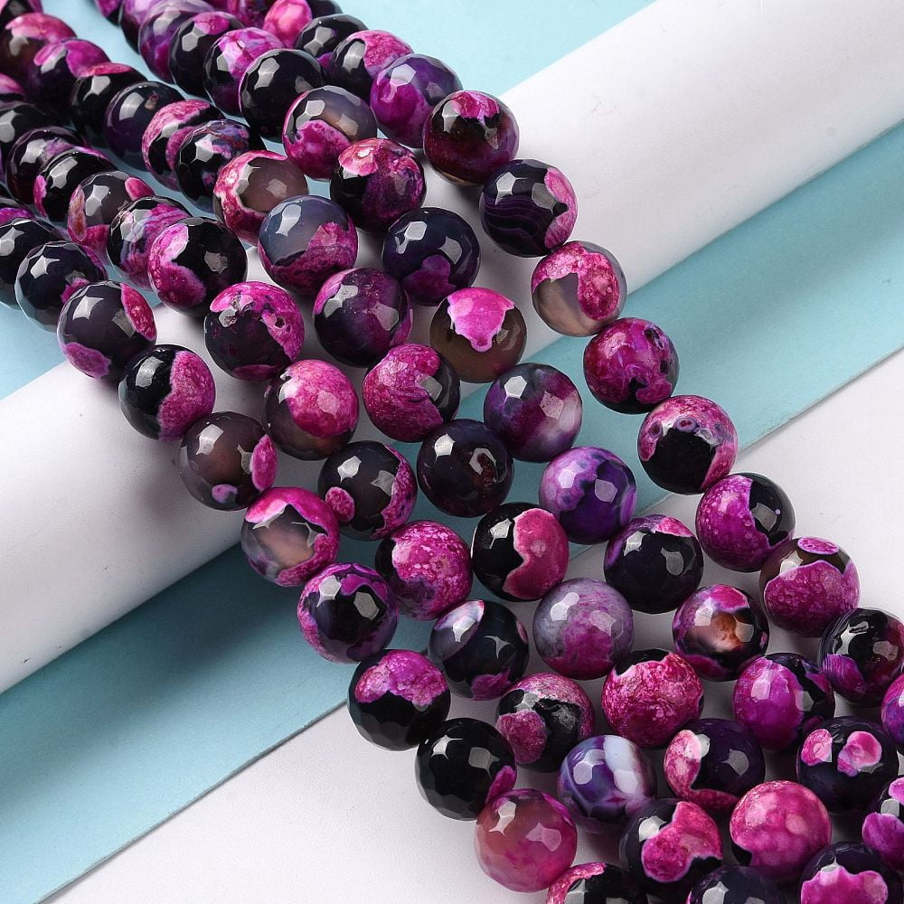 5Strand Natural Fire Crackle Agate Bead Strands Round Grade A Faceted Dyed & Heated Deep Pink 10mm Hole: 1mm 37pcs/strand 15 inch