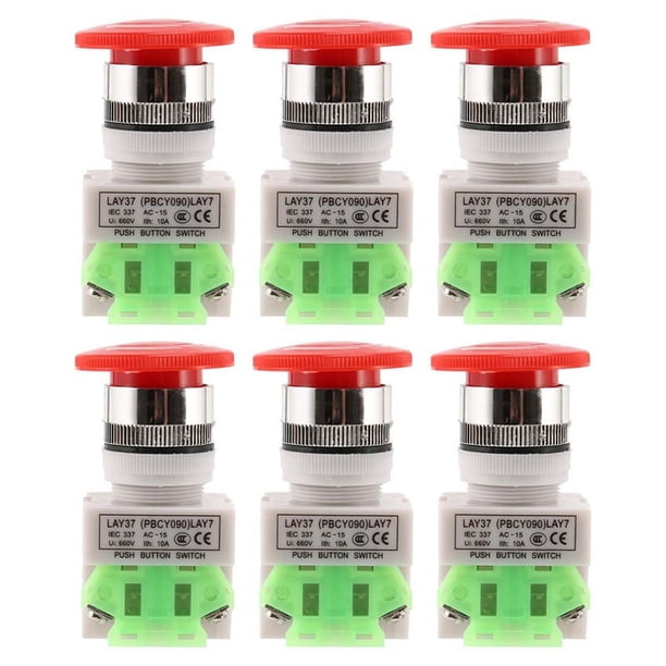 6X Interruptor de Boton de Presion para Parada de Emergencia Tapa de Seta Rojo 1NO 1NC DPST CA 660V 10A