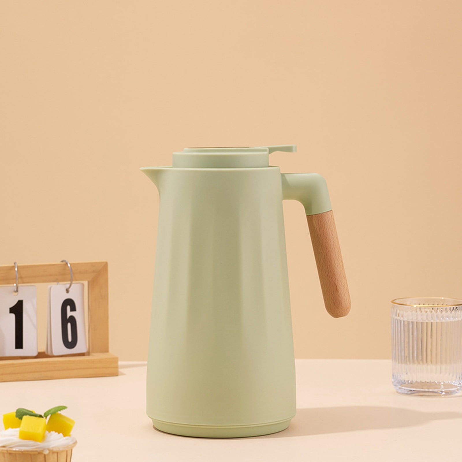 Home Use Glass Lined Insulated Coffee Carafe With Wooden Handle, Large Capacity Thermal Pitcher For Office Kitchen Hot Water,Green