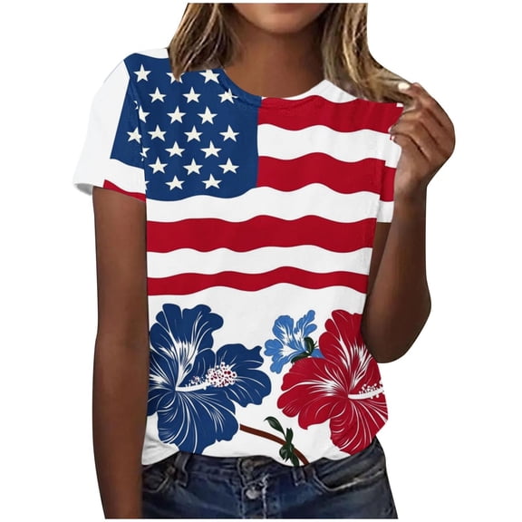 asdoklhq Red White Blue Shirts Workout Shirts Women 4th Of July Shirts Women's Independence Day Printed Short-sleeved Round-neck Top Multicolor 3X