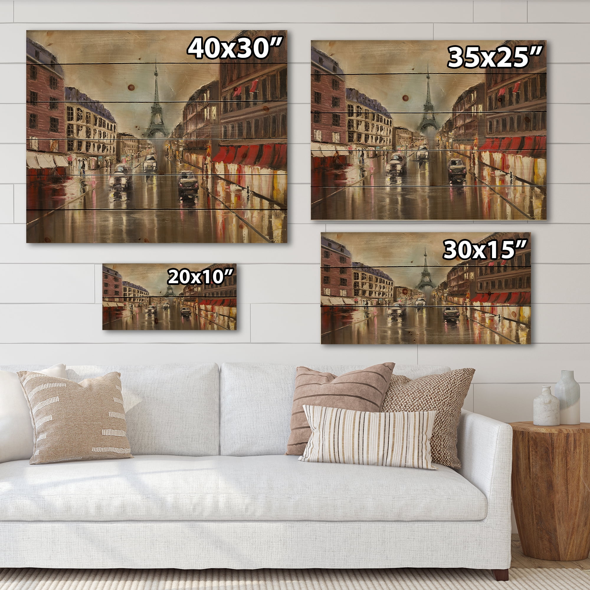 Designart 'Quiet Rainy Street In Gray Eiffel Tower Paris' Traditional Print on Natural Pine Wood
