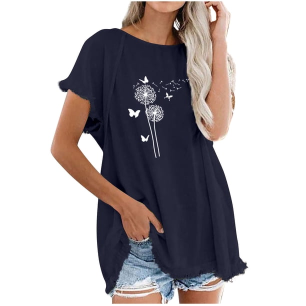 Camiseta informal para mujer, blusa estampada con cuello redondo y manga corta, Tops OAVQHLG3B Store lin121212