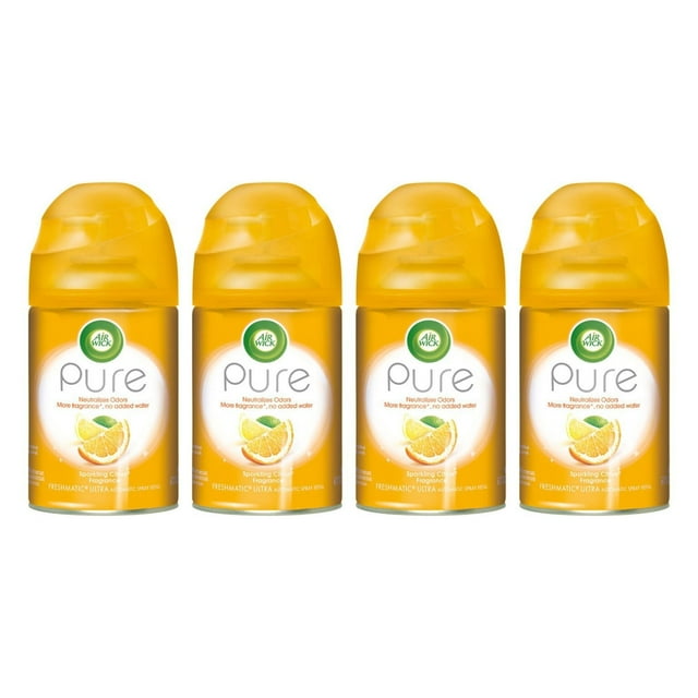 recarga air wick freshmatic pure sparkling citrus, 180 ml (paquete de 4) Cuatro recambios frontales Air Wick Pure con tapa amarilla y etiqueta con logo Air Wick, la palabra "Pure" y una rodaja de cítrico; envases metálicos para aerosoles automáticos Freshmatic, ideales para aromatizar sala, baño o cocina y adecuados también para refrescar armarios pequeños.