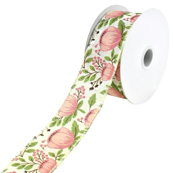 Blooming Peonies and Cotton Plant Wired Ribbon, 1-1/2-Inch, 10-Yard