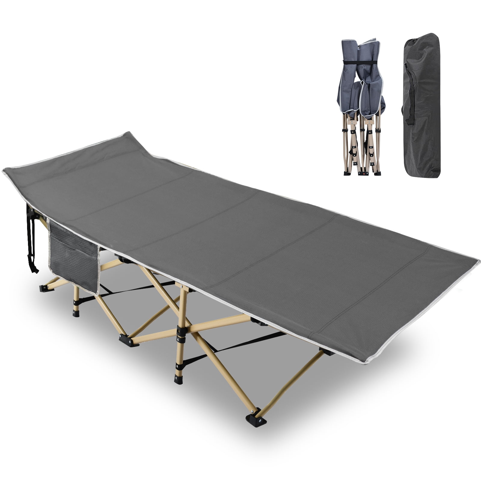 Portable Folding Bed Stable Camping Cot Outdoor Travel Sleeping w/ Side Pocket 