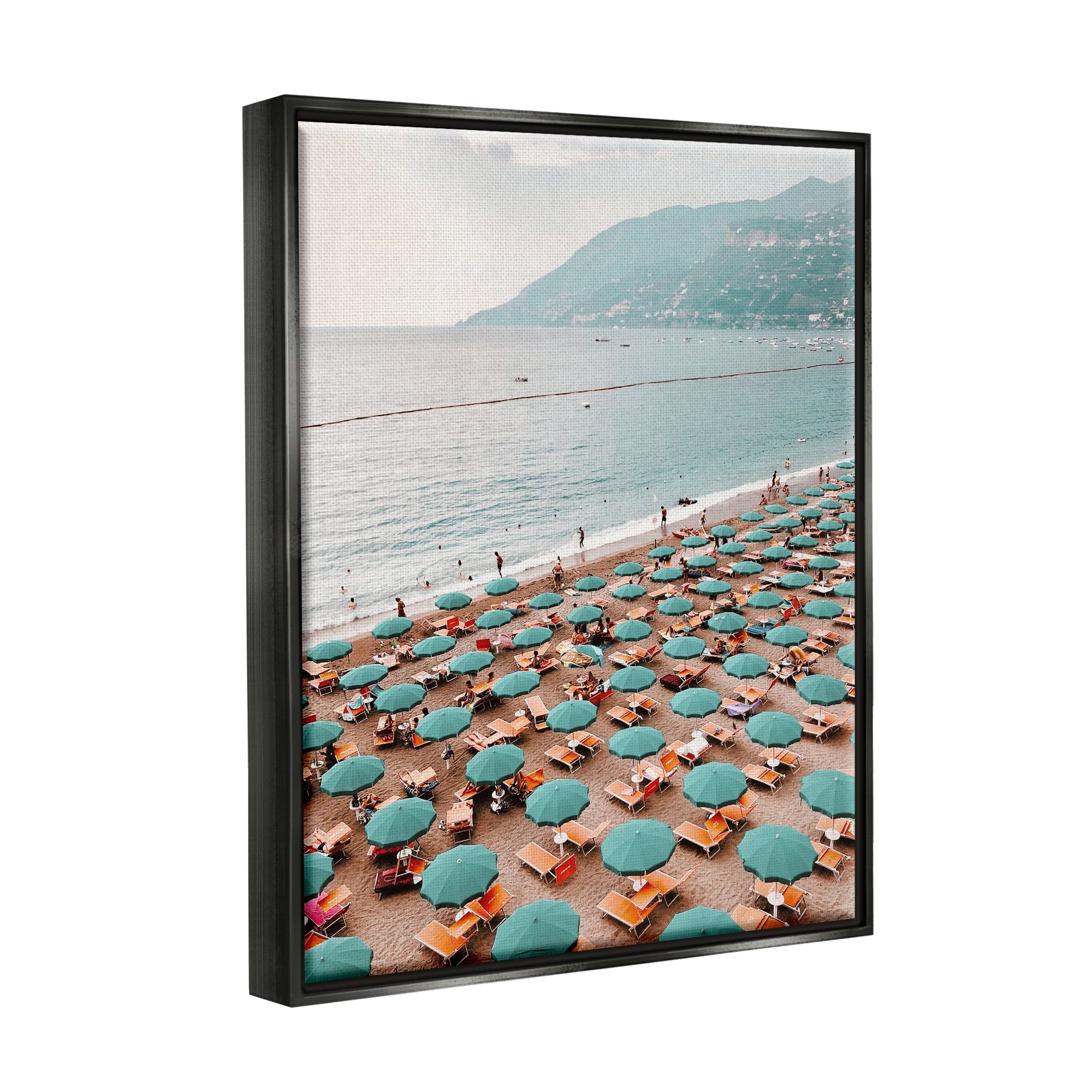 Stupell Beach Umbrellas Coastal Vacation Landscape Photography Black Floater Framed Art Print Wall Art