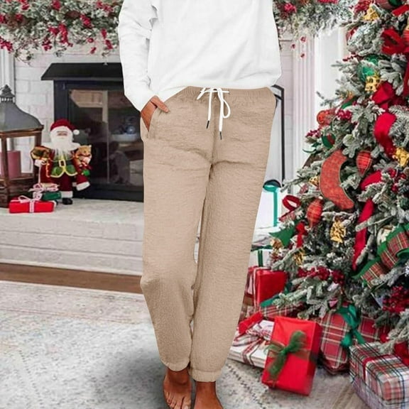 ctdiral Womens Winter Sherpa Fleece Sweatpants High Waist Drawstring Joggers Pants Thick Thermal Straight Trousers with Pockets Warm Long Pants Khaki XXL