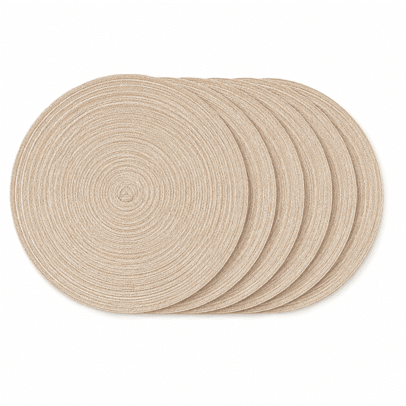 PLERISE 15 inch Round Placemats Set of 6, Washable Heat Resistant Braided Cotton Polyester Mats for Dining Table (Beige)