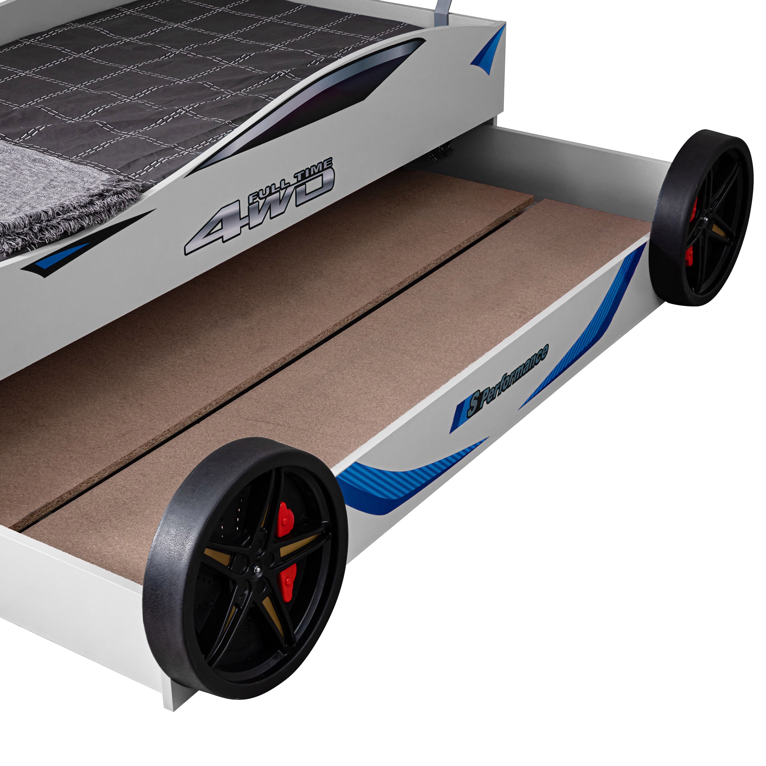 Furniture of America Speeds Kids Twin Platform ABS Plastic Race Car Bed with Trundle, White