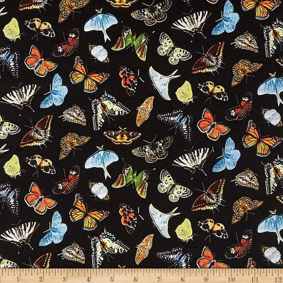 Elizabeth's Studio Butterflies and Moths Packed Black, Quilting Fabric by the Yard