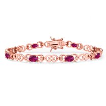 Gem Stone King 18K Rose Gold Plated Silver Red Created Ruby and Lab Grown Diamond Bracelet for Women | 4.01 Cttw | Gemstone July Birthstone | Oval 6X4MM | Length 7.25 inches
