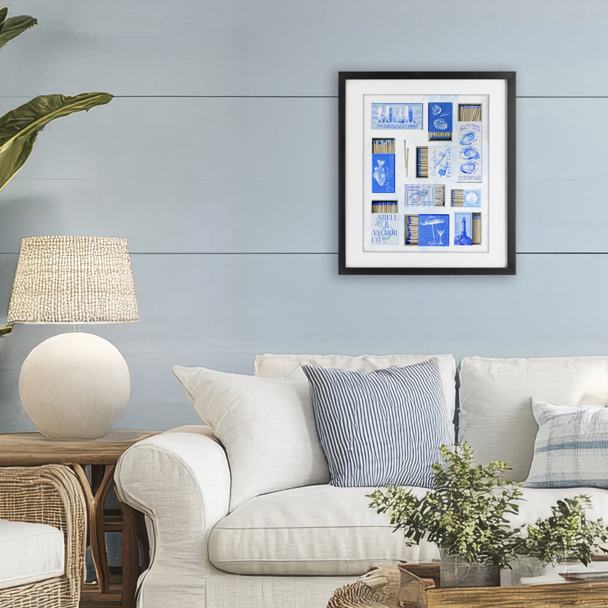 Blue Coastal Matchboxes Black Framed Print Under Glass, design by Ziwei Li