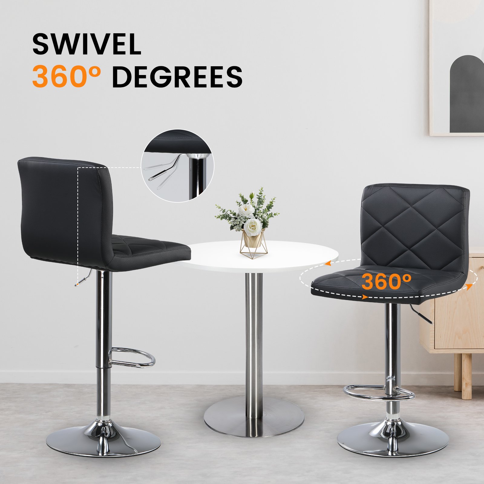 COMHOMA Bar Stools, Modern PU Leather Swivel Adjustable Hydraulic Bar Stool with 16.1” Wide Base, Height Adjustable Counter Stool Set of 2, Black