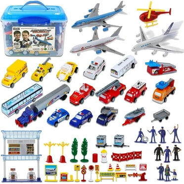 Kids  Airport 57-Piece Playset in Storage Bucket with Airplane Toy, Play Vehicles, Fire Trucks, Police Cars & Figures, and Accessories