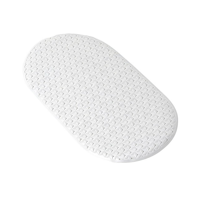 Eco-friendly white oval bath mat featuring a premium tri-weave texture for bathroom use.