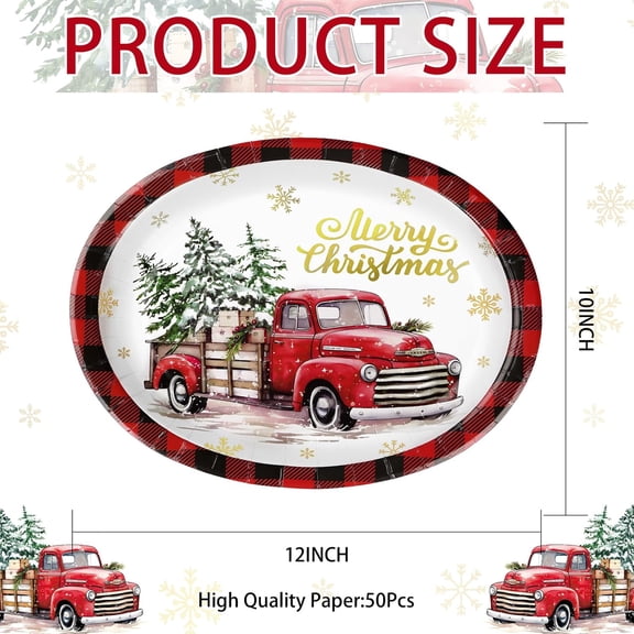 YUYAN-50Pcs Christmas Oval Paper Plates 10"x12" Large Disposable Christmas Red Truck Plates 400GSM Heavy Duty Red Black Buffalo Plaid Christmas Tree Party Plates for Xmas Party Supplies Holiday Dinne