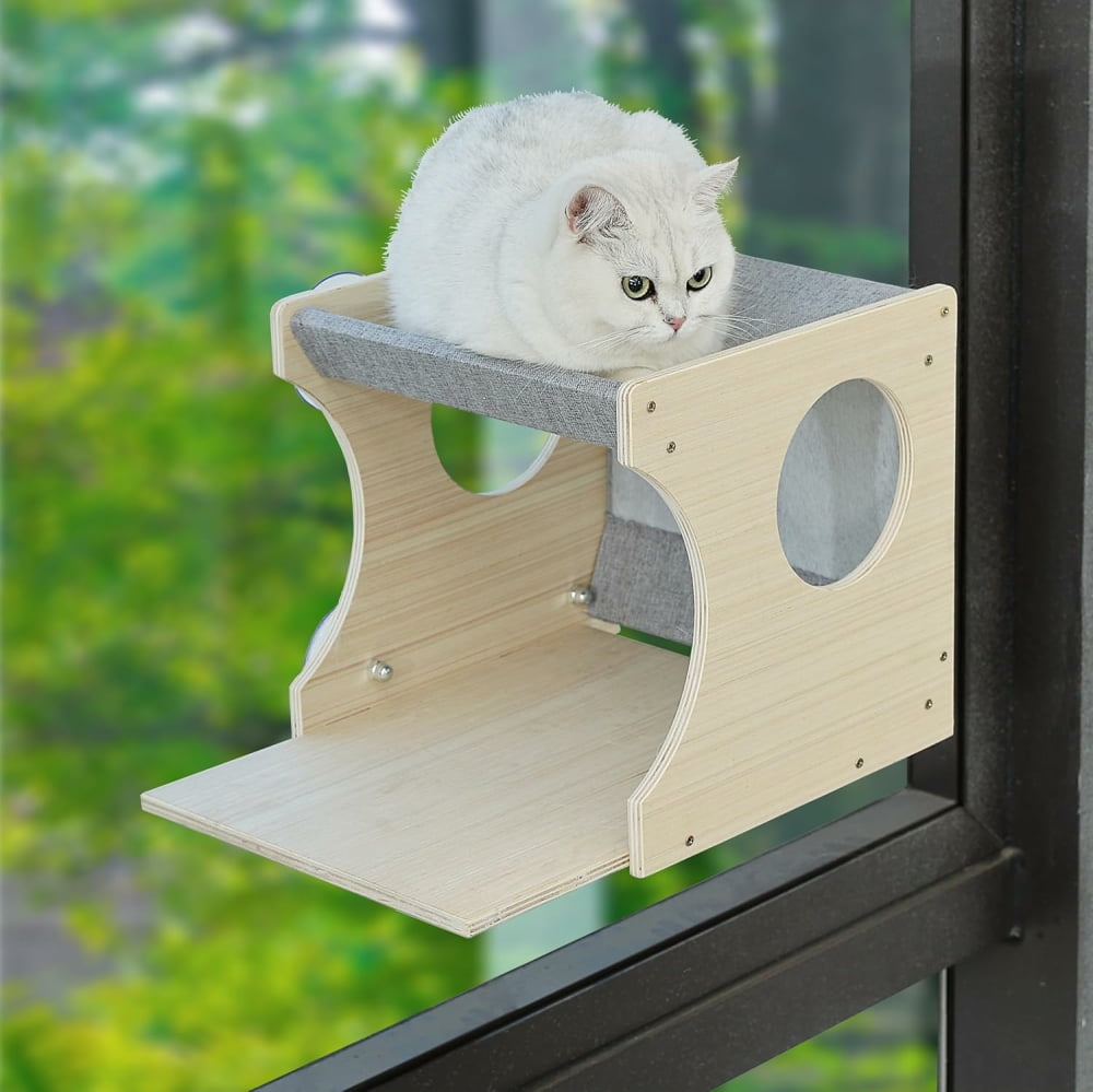 MIDODO Window Cat Perch, Sturdy Wood Cat Window Hammock with Heavy Duty Suction Cups, Cat Bed for Overlooking & Sleeping (Left)