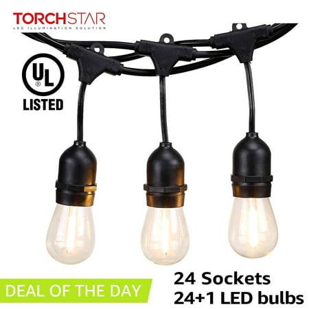 TORCHSTAR 48ft LED String Lights, Outdoor Weatherproof Commercial String Lights for Party, Restaurant, Garden, Patio, 24 Sockets, 25 Bulbs