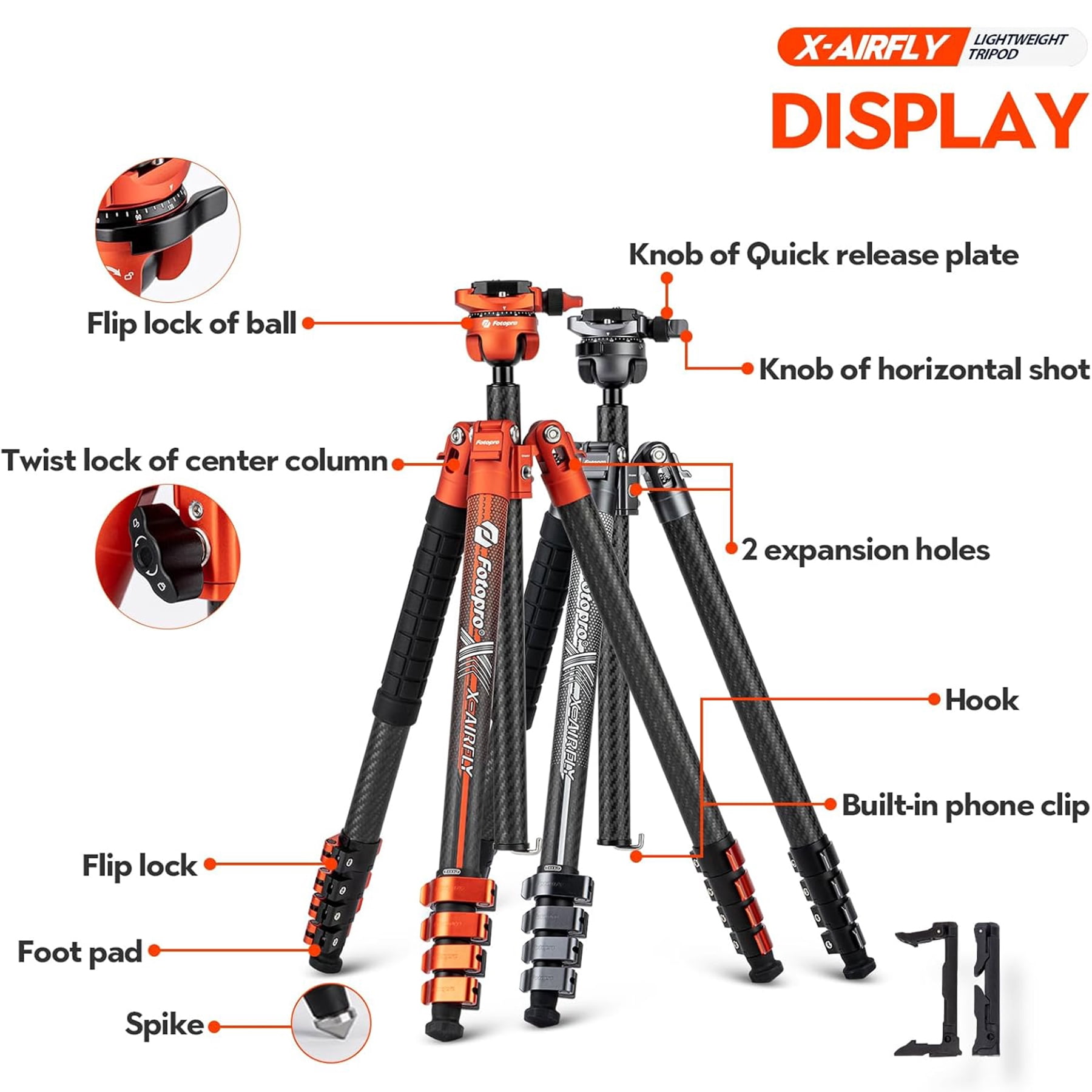 Fotopro X-Airfly 63" Carbon Fiber Tripod with Panoramic Ball Head, Lightweight Compact Camera Tripod Stand for Travel, Detachable Center Column, Hidden Phone Clip, Max Load 11 lbs, Grey