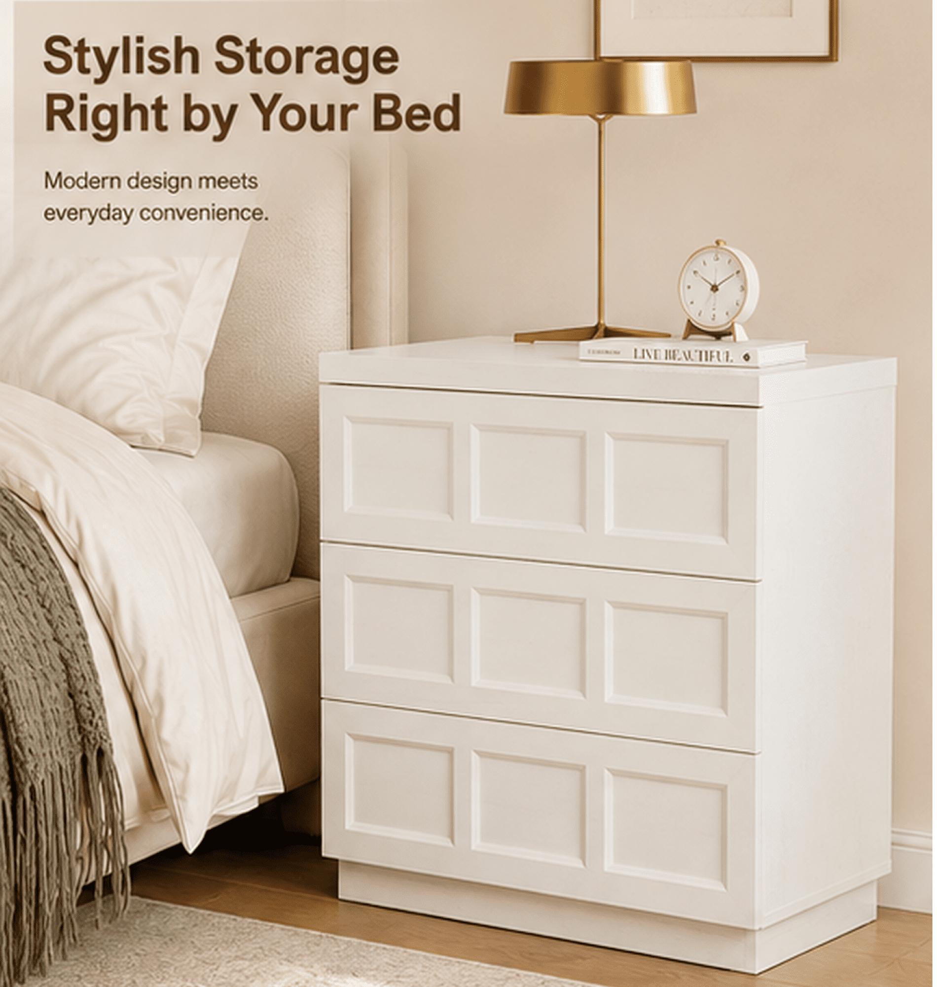 HOMOOI Rustic Nightstand with 3 Drawers, Boho Thickened Wood Bedside Cabinet with Smooth Gliding Drawers, Modern Anti-Wobble Side End Table for Bedroom，White