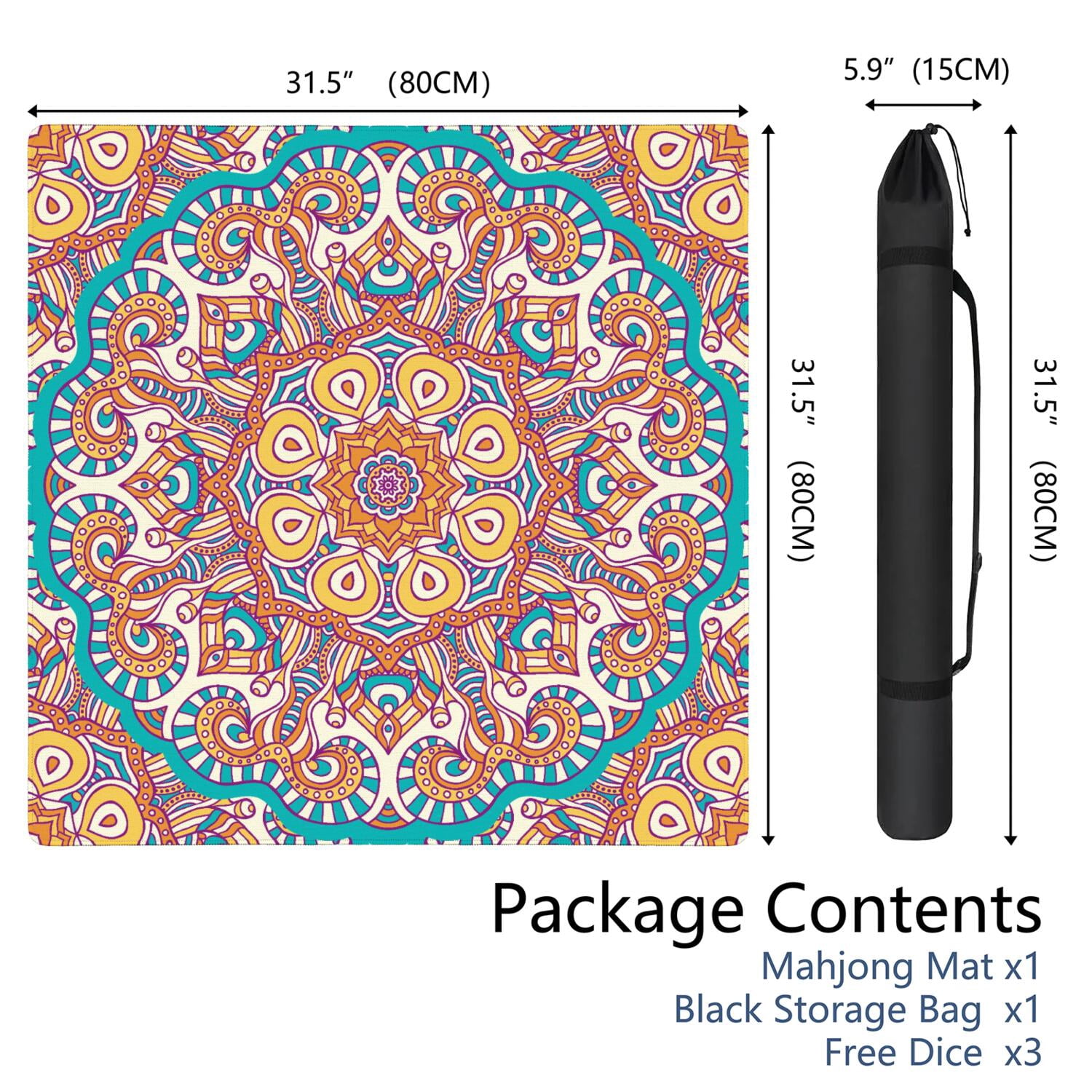 Mandala Mahjong Mat for Table, 31.5*31.5in Anti Slip American Mahjong Table Cloth, Noise Reduction, Neoprene Mah jongg Mat with Carrying Bag & 3 Dices, Mahjong Accessories Gift, Board Tile Games Mats