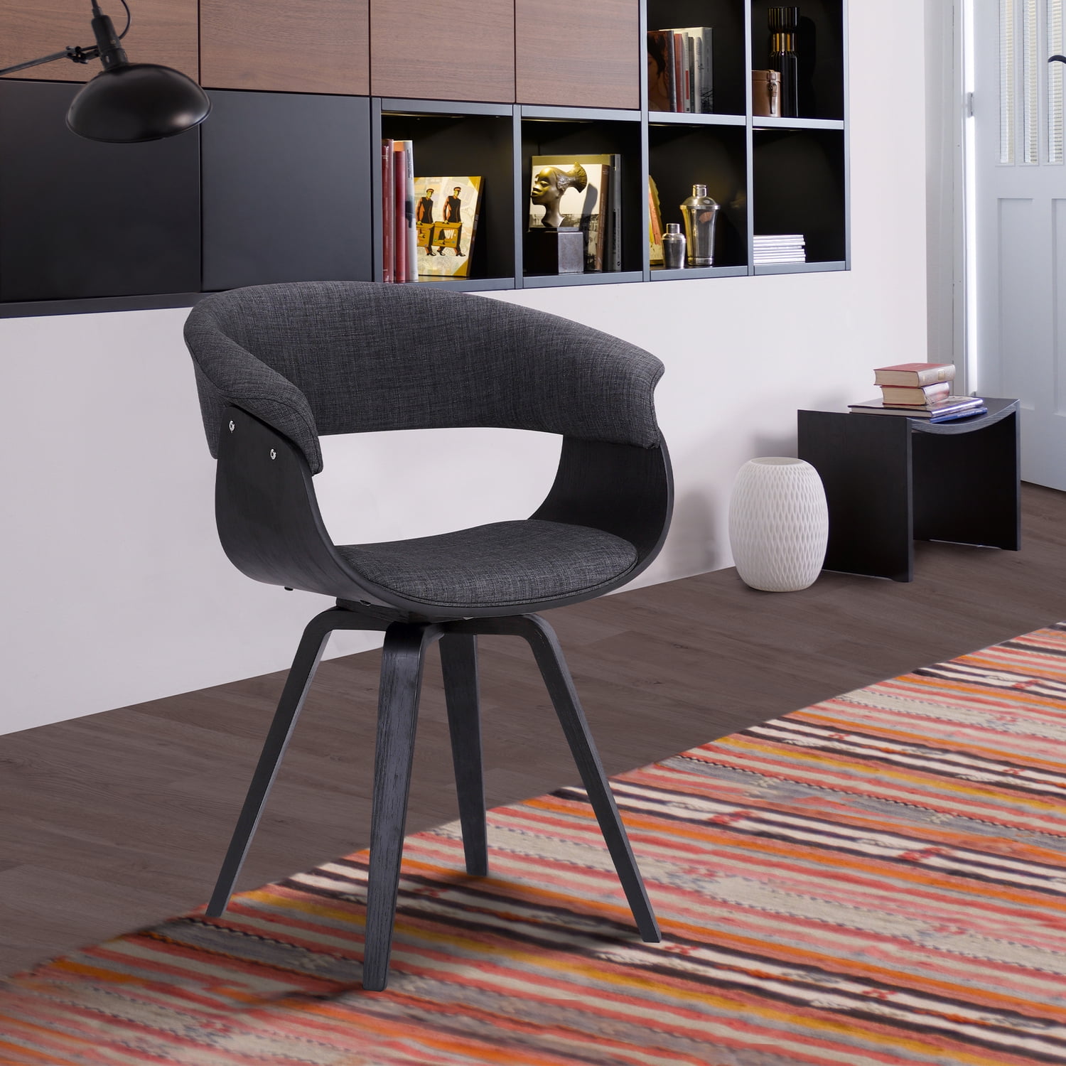 Summer Mid Century Modern Dining Accent Chair for Table Kitchen Desk Vanity in Charcoal Fabric and Black Wood Finish