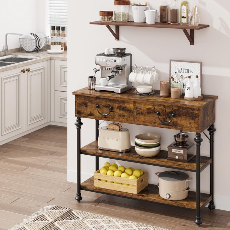 TROPOW Slim Industrial Console Table with 2 Drawers & 2 Shelves – 39.4” Space-Saving Entryway & Behind Couch Table, Vintage Brown Farmhouse Design for Hallway, Living Room & Small Spaces