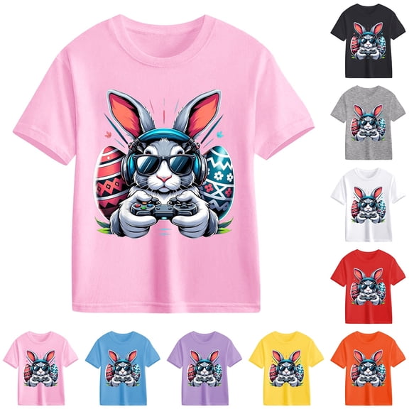 Boys Happy Easter Day Bunny Egg Video Game Kids Gamer T-Shirt Easter Shirt Summer Tops Graphic Tees Crew Neck Short Sleeve Print Basic Tees Girls