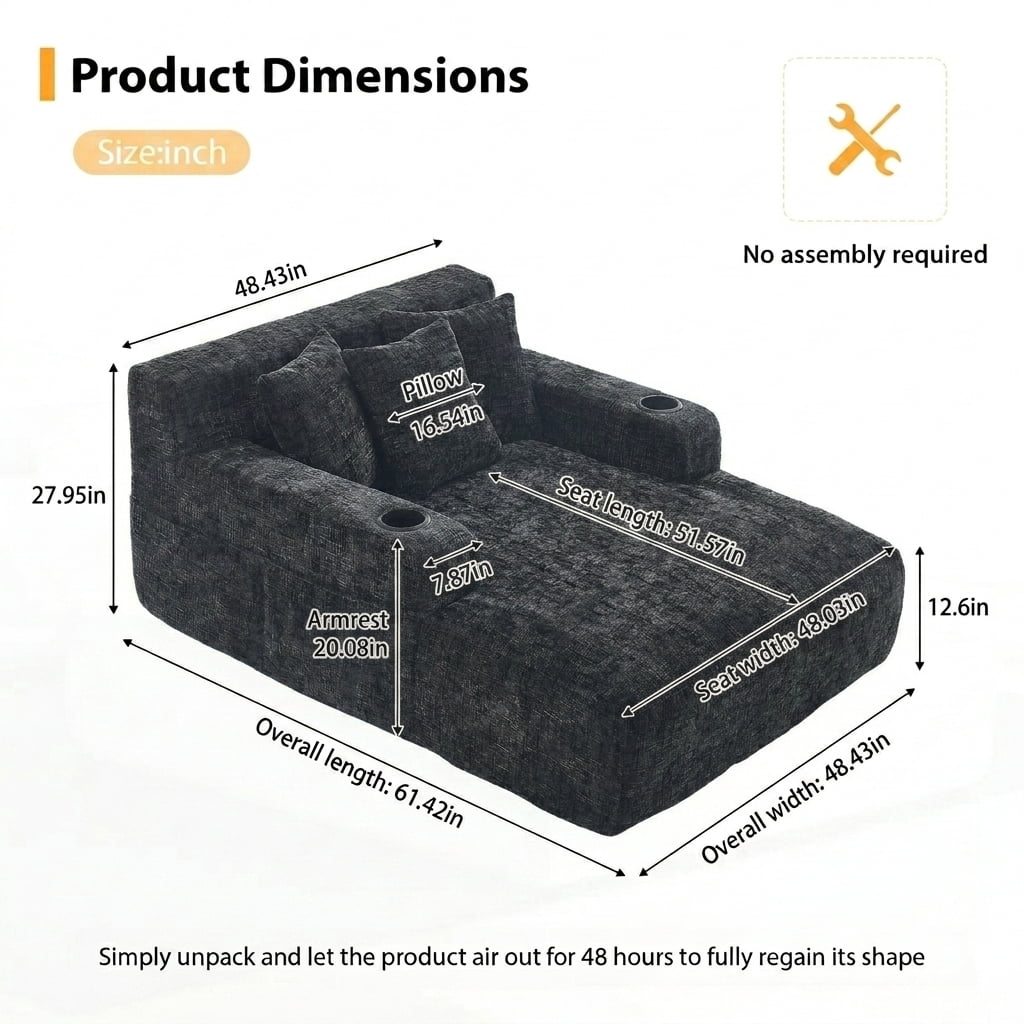 MOONMISS Chenille Chaise Lounge Chair Indoor, Single Sleeper Sofa Chair with Pillows & Cup Holders, Comfy Compression Sofa Bed for Living Room, Bedroom