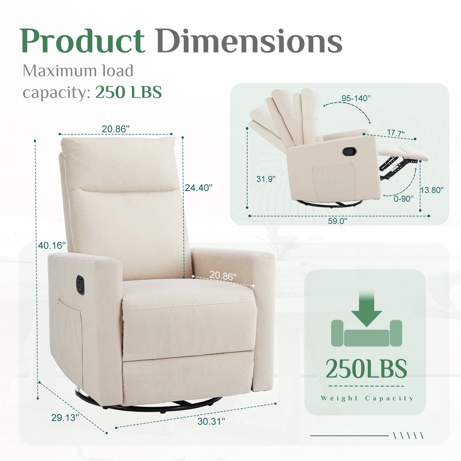 Gianna Swivel Recliner Chair, Living Room Glider Rocker Recliners, Nursery Massage Rocking Chairs