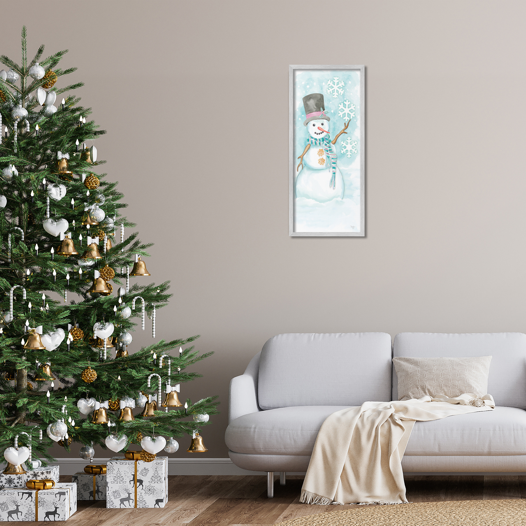 Stupell Industries Waving Snowman Greeting Holiday Painting Gray Framed Art Print Wall Art, 13 x 30