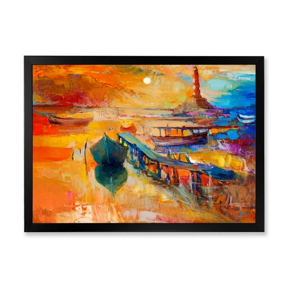 Designart 'Boats Near Coastal Town Resting On The Water III' Nautical & Coastal Framed Art Print