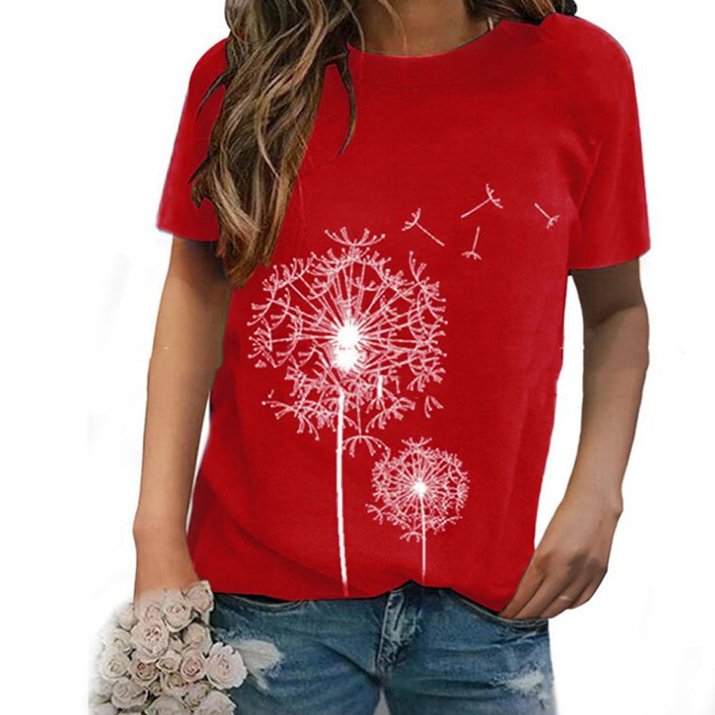 2021 Fashion Womens Funny Graphic T-Shirts Casual Dandelion Printing O-Neck Blouse Tops POTO Womens Short Sleeve Tops