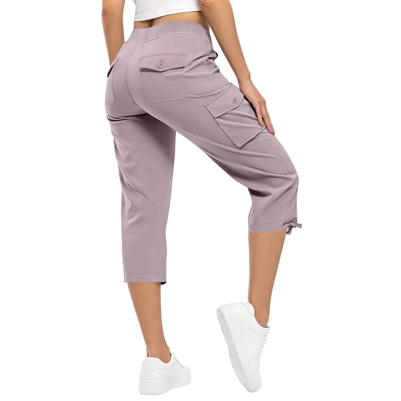 Nestiefly Cargo Capris for Women Loose Fit Lightweight Capri Hiking Pants Baggy Elastic Waist Crop Travel Pants Pedal Pushers Purple Pink XS