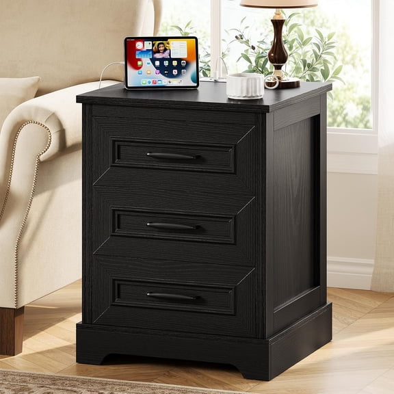 JessieMal Farmhouse Nightstand with Charging Station, Wood Night Stand with 3 Drawers, Bedside Table, Nightstands with Storage, Rustic Night Stands for Bedroom, Closet, 18" Wide, 24" Tall