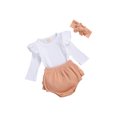 thumbnail image 4 of Honganda Ensemble 3 Pcs pour Fille, Barboteuse avec Short à Volants et Bandeau, 4 of 8