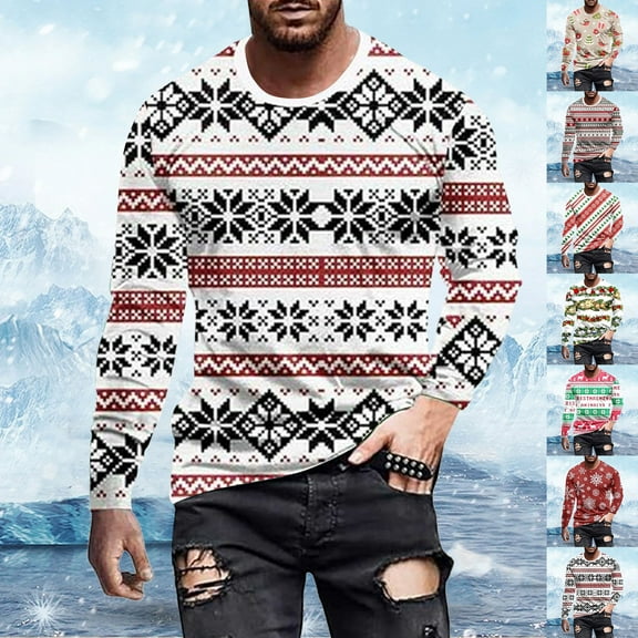 Christmas T-Shirts for Men Long Sleeve Vintage Snowflake Graphic Pajamas Tee Basic Crew Neck Casual Slim Fit Fall Winter Family Xmas Gift Mens T-Shirts Black L