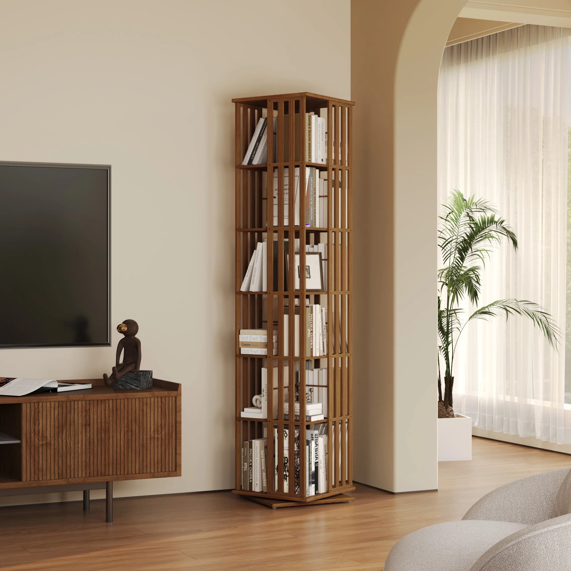 YOWOS Bamboo Rotating Corner Shelf, 6-Tier Bookcase Tower with Display Organizer and Floor Storage Rack, Walnut
