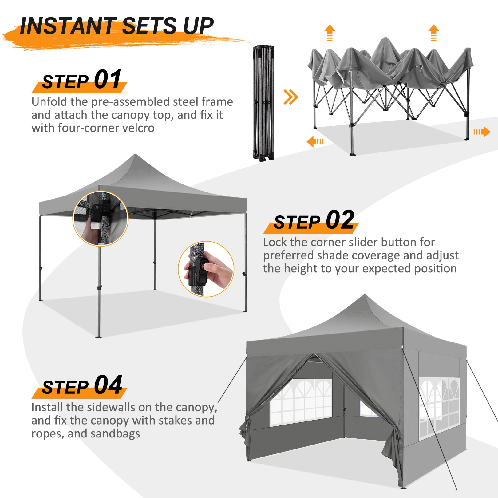 SANOPY 10x10 FT Heavy Duty Pop up Canopy , Commercial Canopy Tent, Adjustable Height Party Tent with 4 Removable Sidewalls, 4Sandbag，Rollerbag, Gray