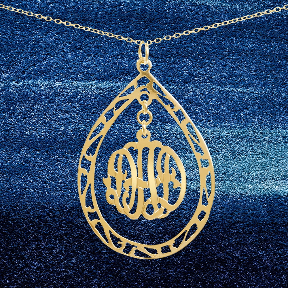 Personalized Teardrop Pendant Monogram Necklace in Sterling Silver or 14kt Gold Plated Sterling Silver