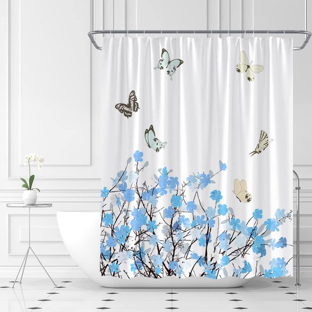 SPXUBZ Blue Floral Shower Curtain Watercolor Flower Herbs Plant