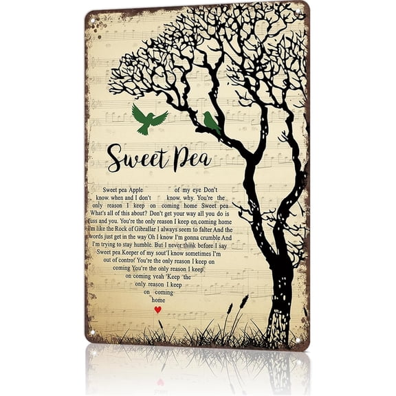 Vintage Metal Tin Sign Sweet Pea Song Lyrics Heart Tree Birds Wall Art for Home Office Dorm Room Decor 8x12 Inch