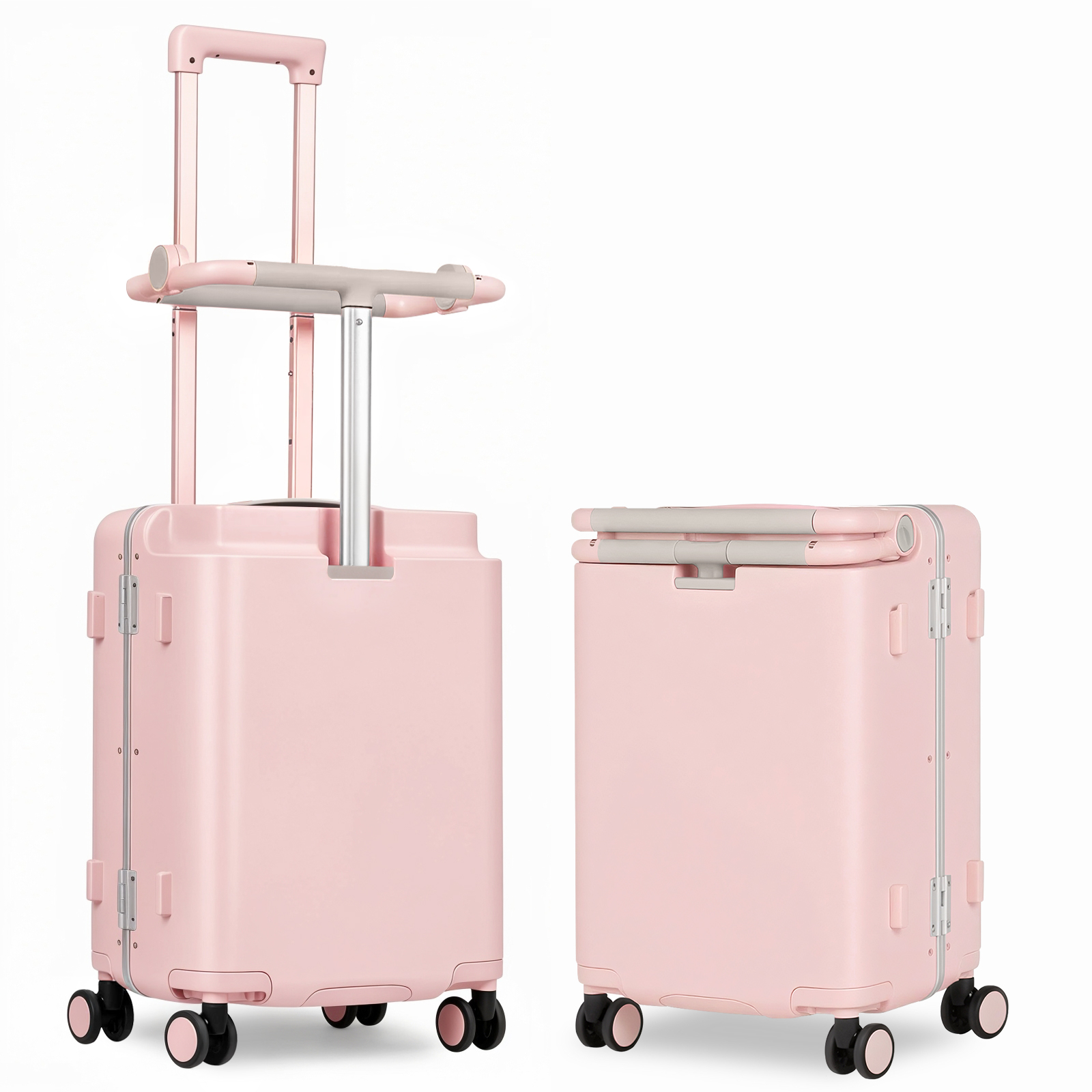 Advwin 20" Ride On Luggage with Foldable Seat, Cup/Tablet Holder, 6 PCs Packing Cube Set & TSA Lock, Hard Shell PC Spinner Travel Suitcase for Kids & Adults, Pink