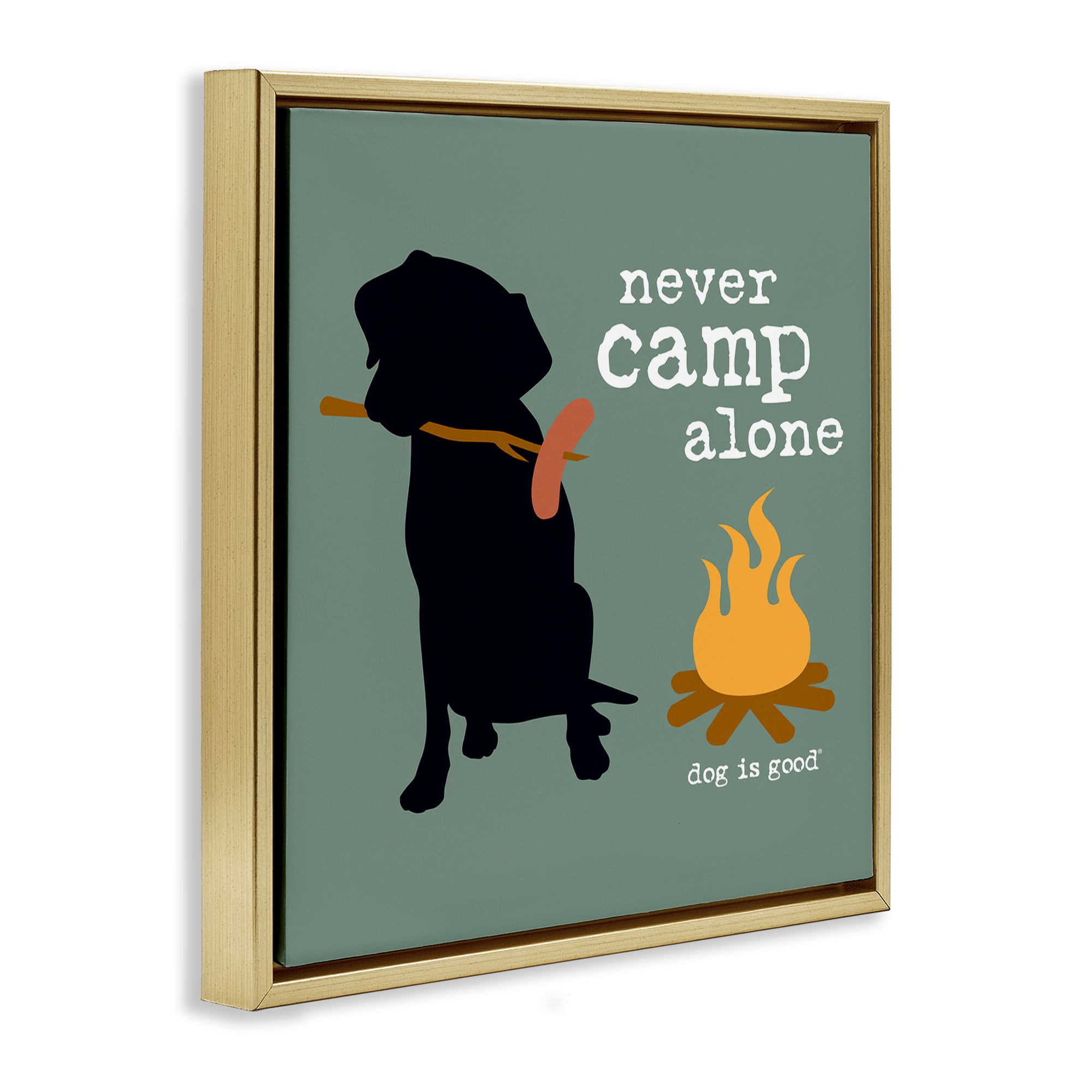 Stupell Industries Never Camp Alone Dog Animals Painting Gold Floater Framed Canvas Art Print Wall Art, 25 x 25