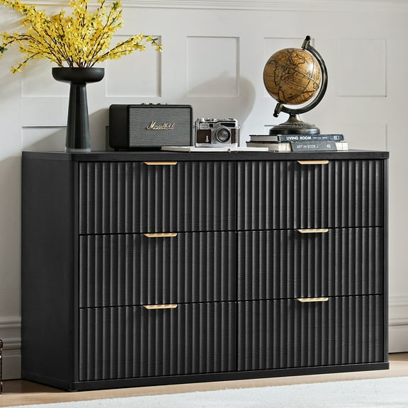 LELELINKY Fluted Dresser for Bedroom, Modern Wooden 6 Drawer Dresser, Storage Cabinet Chest of Drawers for Living Room Hallway, Black