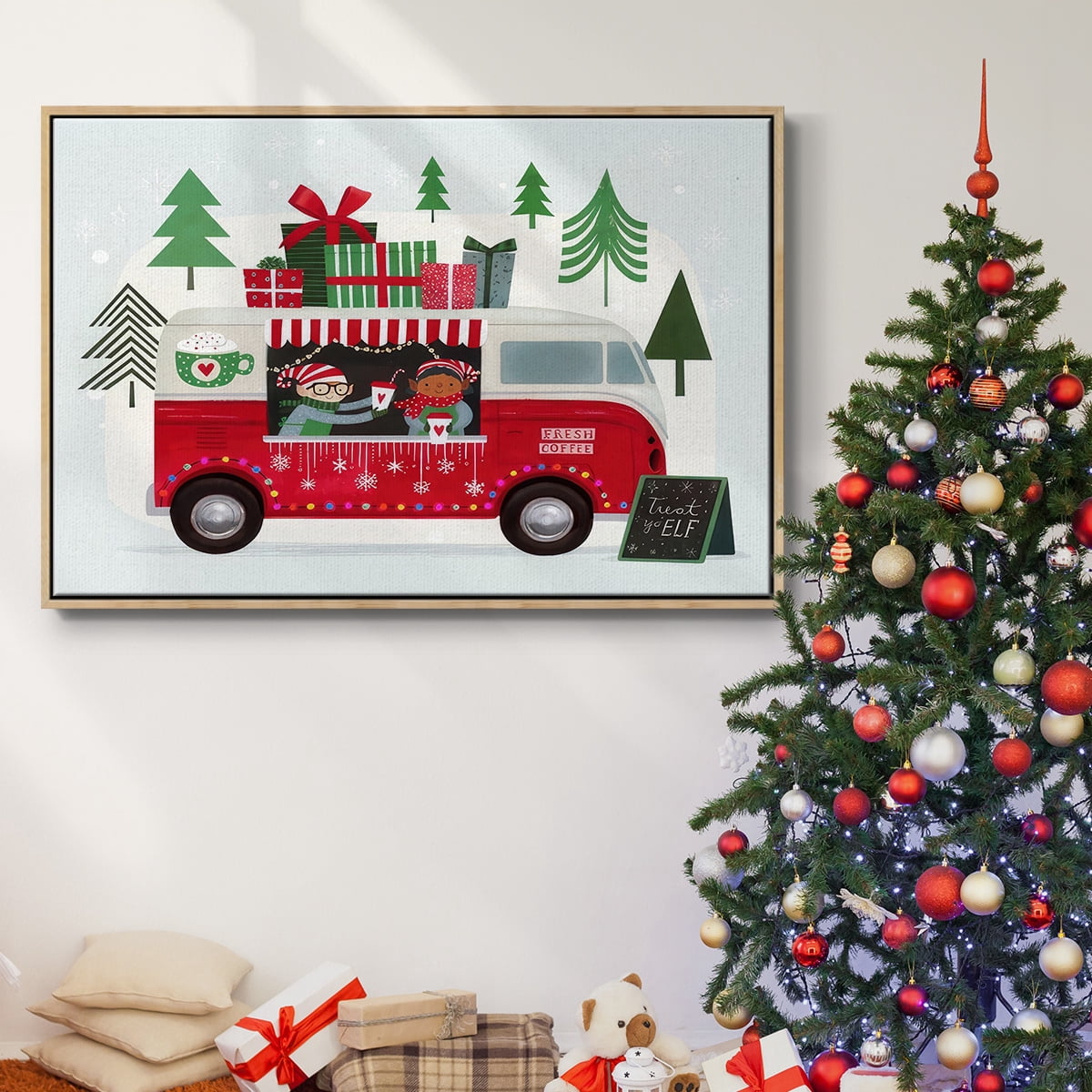 Santa's Foodtruck Collection A - Framed Gallery Wrapped Holiday Canvas - 17 x 25 - Natural Wood Frame