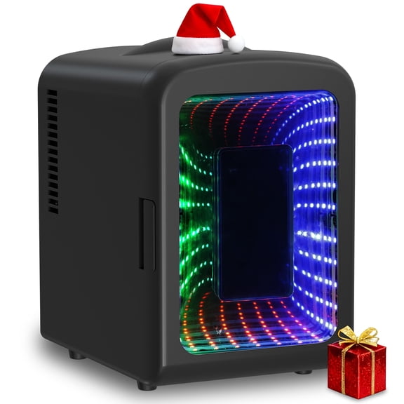 Auseo 4L Mini Fridge Personal with LED, Portable Cooler for Bedroom, Office, Car, Small Refrigerator for Skincare, Drinks & Gaming Room, AC/DC Powered, Black